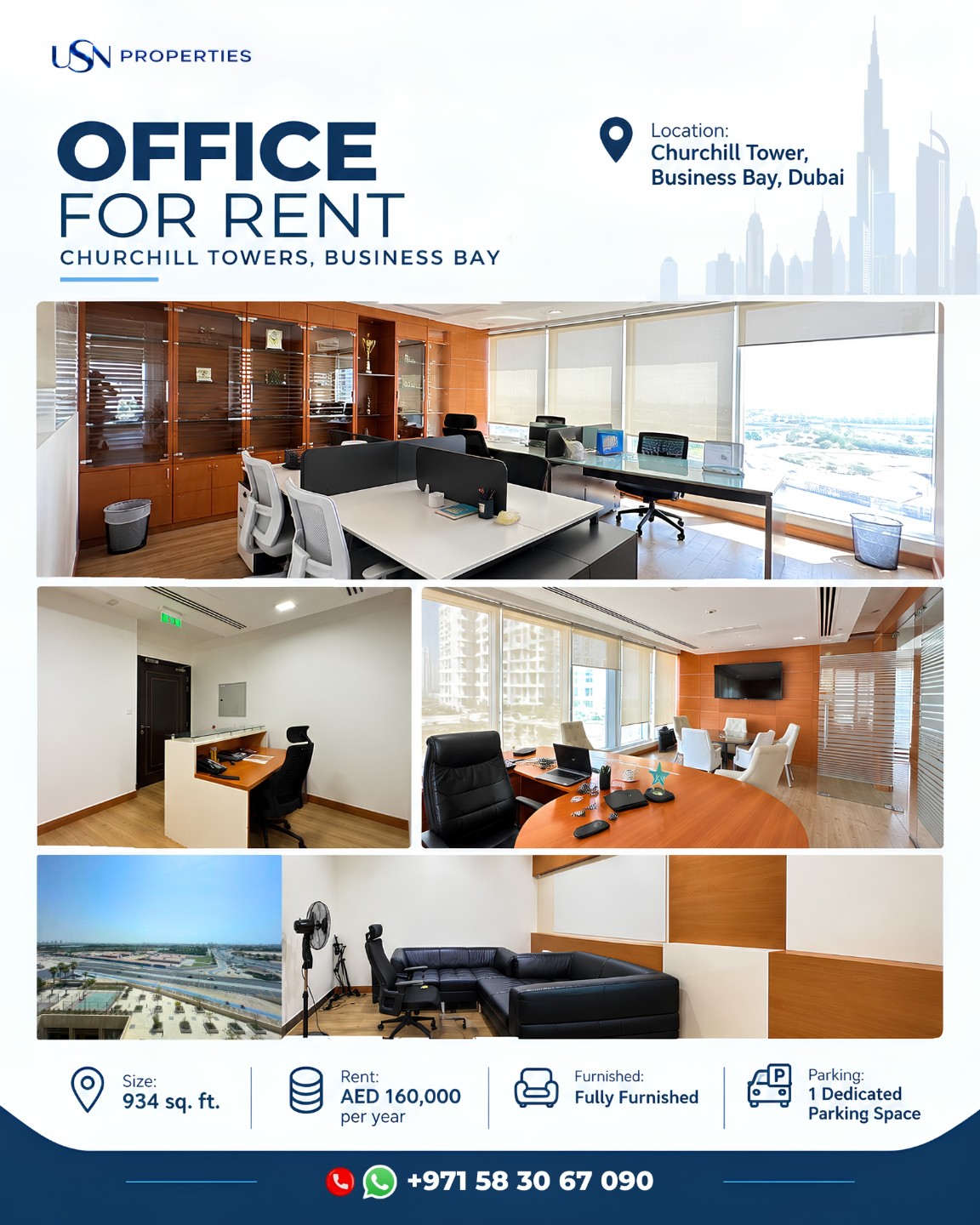Fully Furnished Office for Rent in Churchill Tower, Business Bay, Dubai | 934 Sq Ft